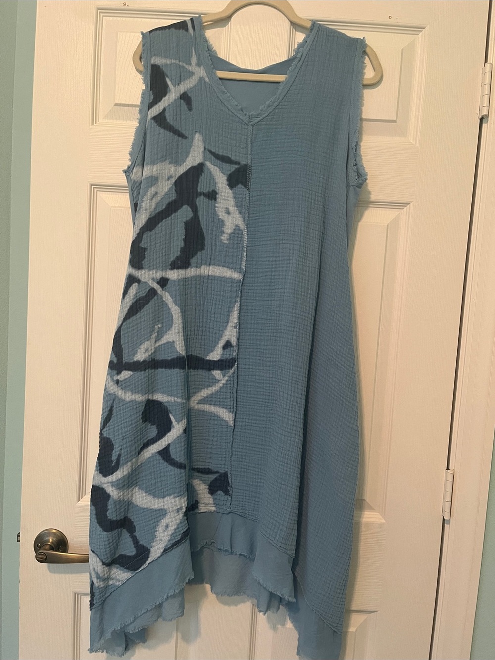 Kaktus Light Blue Midi Dress with Navy Patterned Panel